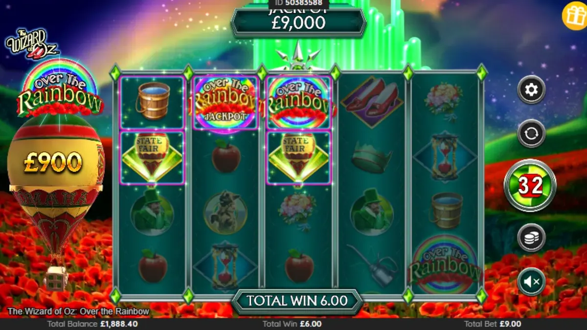 The Wizard of Oz: Over the Rainbow slot machine interface