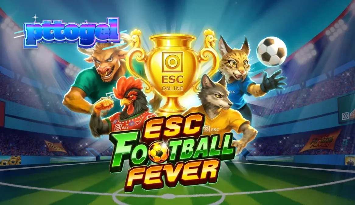 Tampilan visual stadion megah dan simbol piala dalam slot ESC Football Fever
